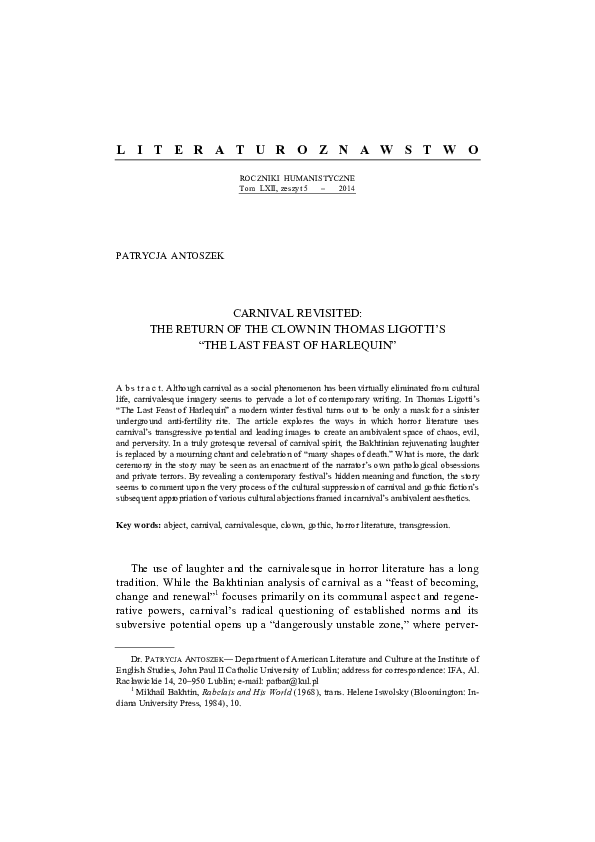 (PDF) Carnival Revisited The Return of the Clown in Thomas