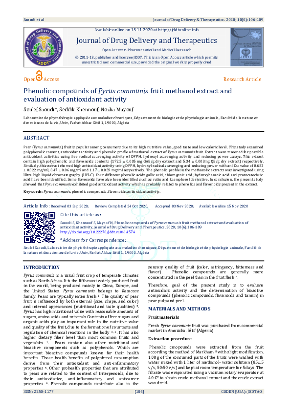 (PDF) Phenolic compounds of Pyrus communis fruit methanol extract and ...