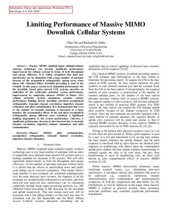 (PDF) Limiting performance of massive MIMO downlink cellular systems