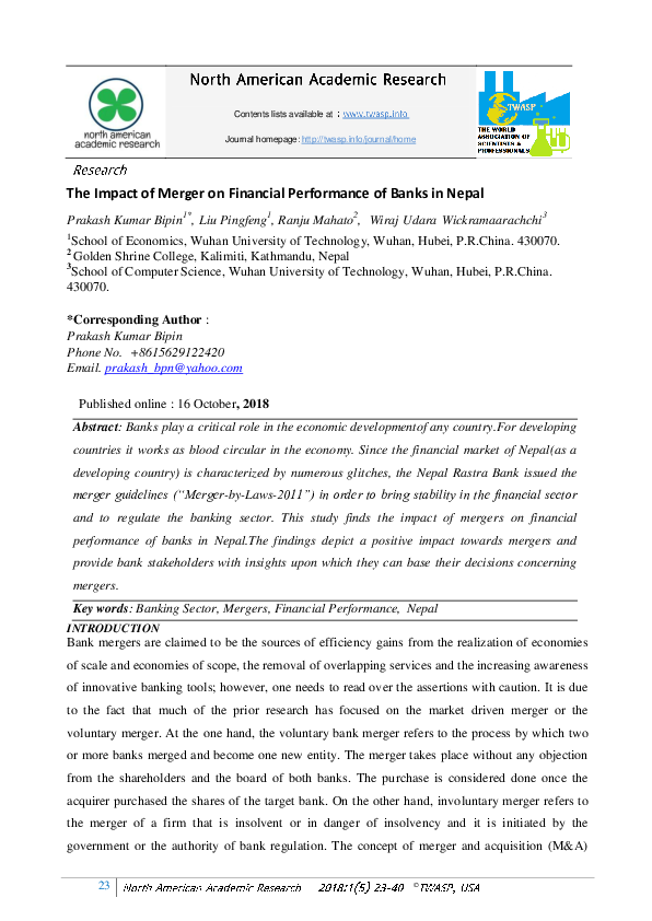 (PDF) The Impact of Merger on Financial Performance of Banks in Nepal