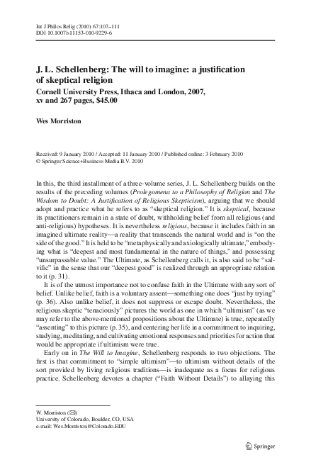 (PDF) J. L. Schellenberg: The will to imagine: a justification of ...