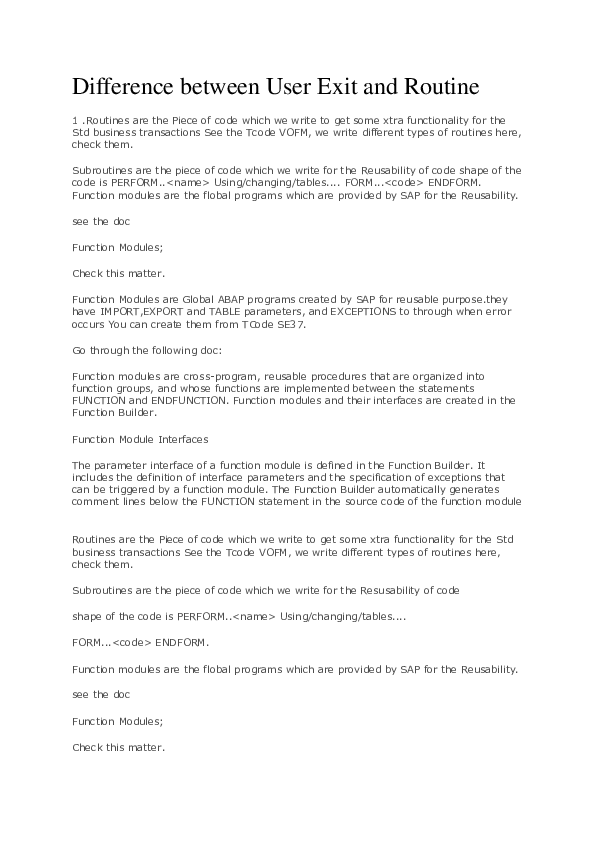 (PDF) Difference between User Exit and Routine Mohammed Waheeduddin