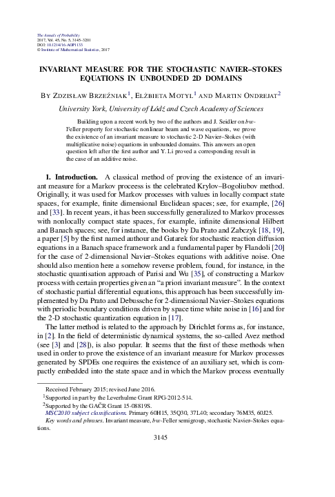 (PDF) Invariant measure for the stochastic Navier-Stokes equations in ...