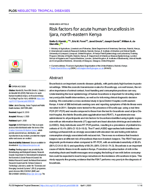(PDF) Risk factors for acute human brucellosis in Ijara, north-eastern ...