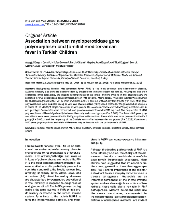 (PDF) Association between myeloperoxidase gene polymorphism and ...