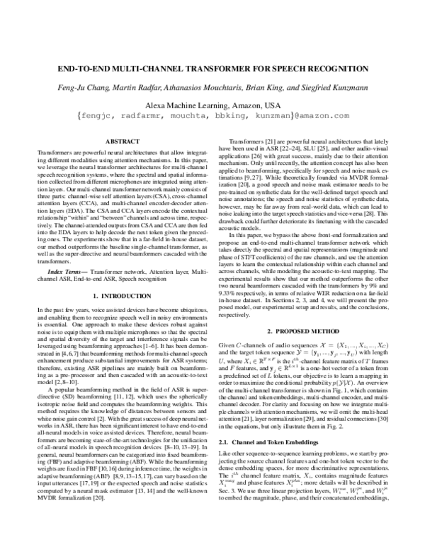 (PDF) End-to-End Multi-Channel Transformer for Speech Recognition