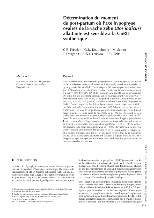 Détermination du moment du post-partum où l’axe hypophyse ovaires de la vache zébu (<em>Bos indicus</em>) allaitante est sensible à la GnRH synthétique