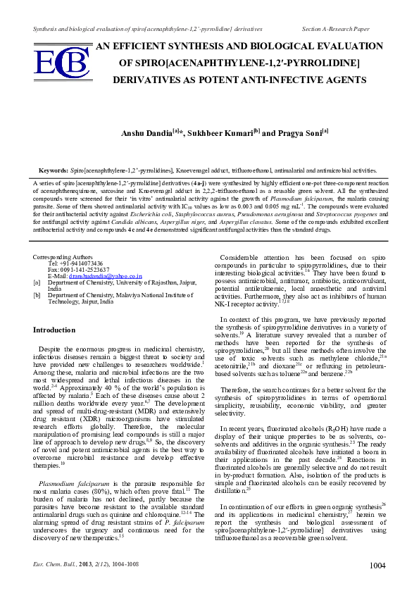 (PDF) An Efficient Synthesis and Biological Evaluation of Spiro ...