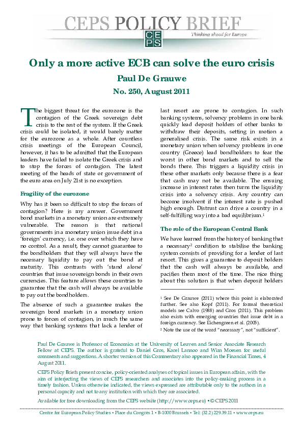 (PDF) Only a more active ECB can solve the euro crisis