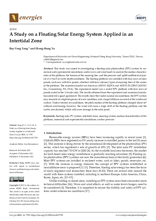 (PDF) A Study on a Floating Solar Energy System Applied in an ...