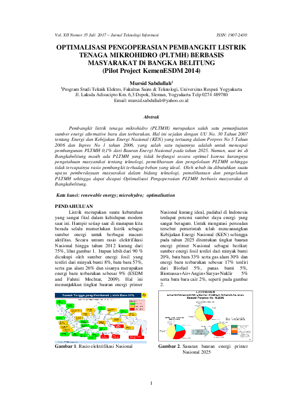 (PDF) OPTIMALISASI PENGOPERASIAN PEMBANGKIT LISTRIK TENAGA MIKROHIDRO ...