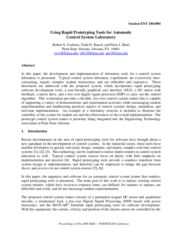 (PDF) Using Rapid Prototyping Tools for Automatic Control System Laboratory