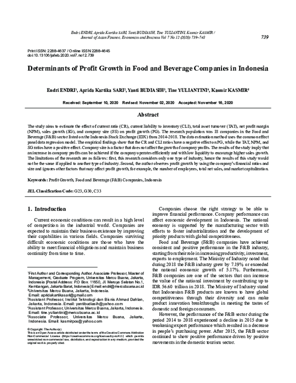 (PDF) Determinants of Profit Growth in Food and Beverage Companies in ...