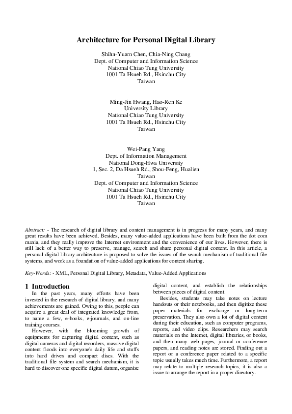 (PDF) Architecture for personal digital library ShihnYuarn Chen