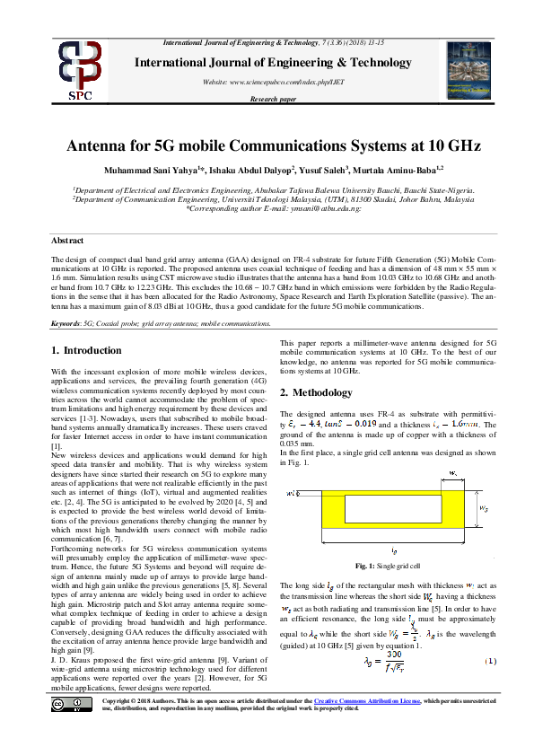 (PDF) Antenna for 5G mobile Communications Systems at 10 GHz