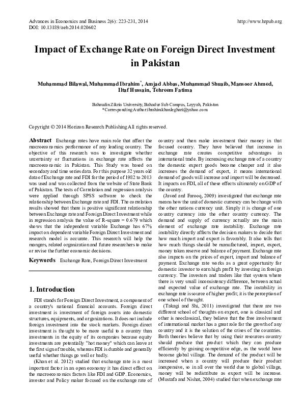 (PDF) Impact of Exchange Rate on Foreign Direct Investment in Pakistan