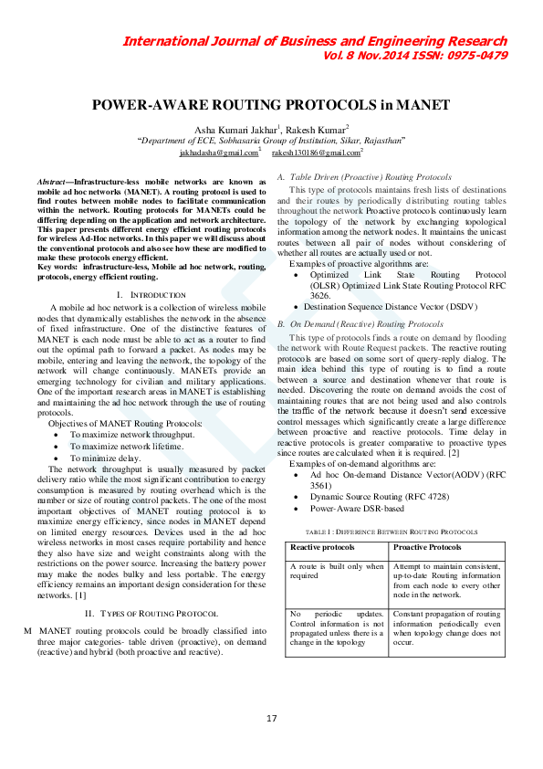 (PDF) POWER-AWARE ROUTING PROTOCOLS in MANET