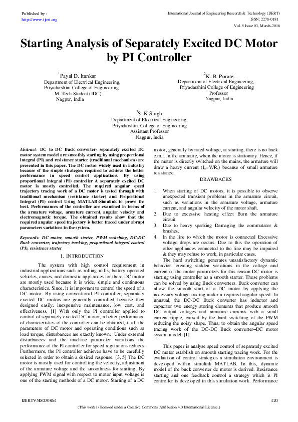 (PDF) Starting Analysis of Separately Excited DC Motor by PI Controller