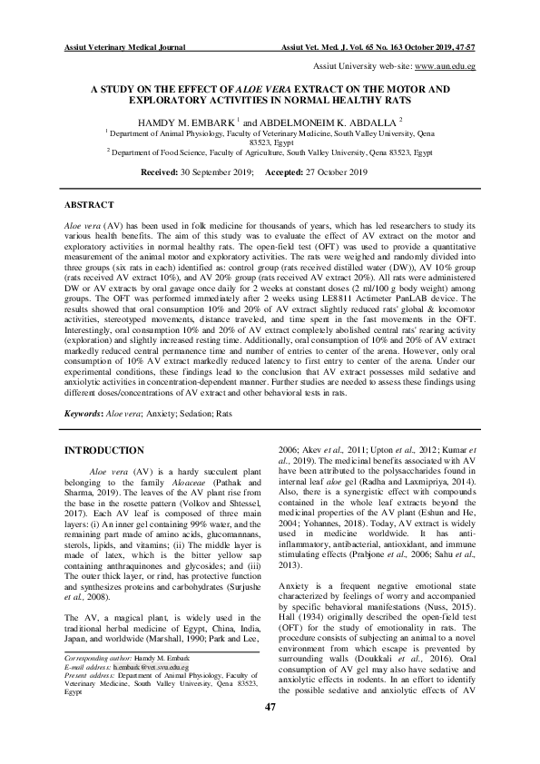 (PDF) A Study on the Effect of Aloe Vera Extract on the Motor and ...