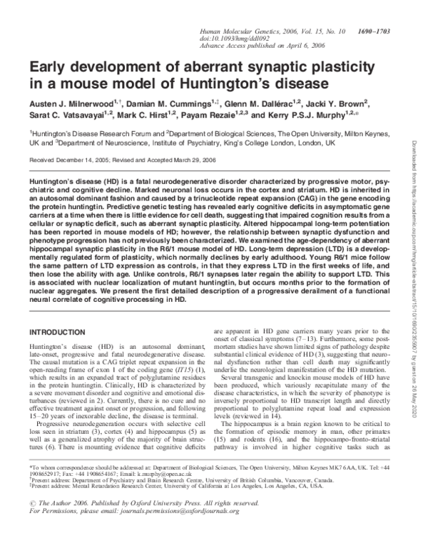 (PDF) Early development of aberrant synaptic plasticity in a mouse ...