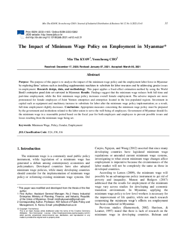 (PDF) The Impact of Minimum Wage Policy on Employment in Myanmar