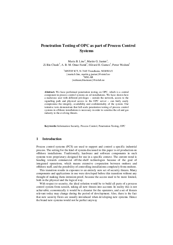 (PDF) Penetration Testing of OPC as Part of Process Control Systems