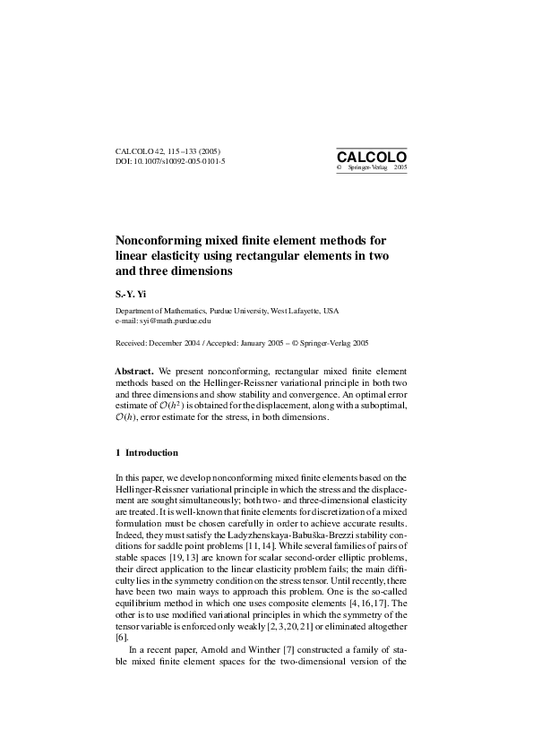 (PDF) Nonconforming mixed finite element methods for linear elasticity