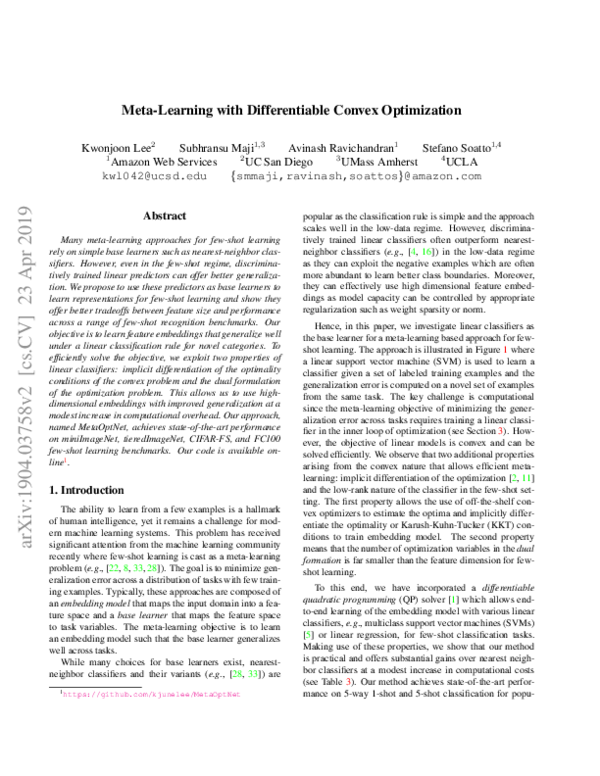 (PDF) Meta-Learning With Differentiable Convex Optimization