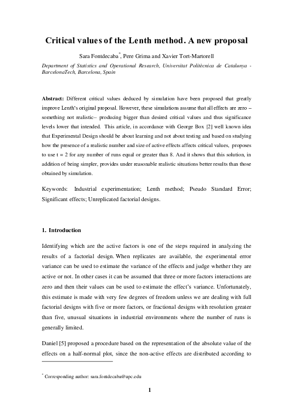 (PDF) Proposal of a Single Critical Value for the Lenth Method Xavier