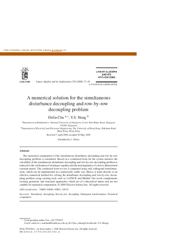 (PDF) A numerical solution for the simultaneous disturbance decoupling ...