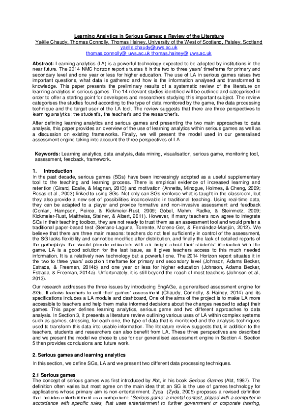 (PDF) Learning Analytics in Serious Games: a Review of the Literature