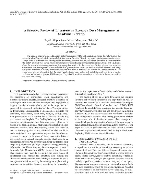 (PDF) A Selective Review of Literature on Research Data Management in ...