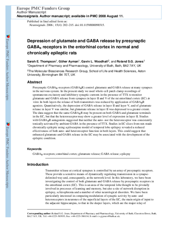 (PDF) Depression of Glutamate and GABA Release by Presynaptic GABA B ...