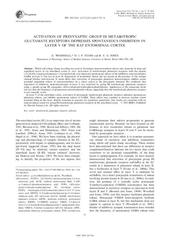 (PDF) Activation of presynaptic group III metabotropic glutamate ...