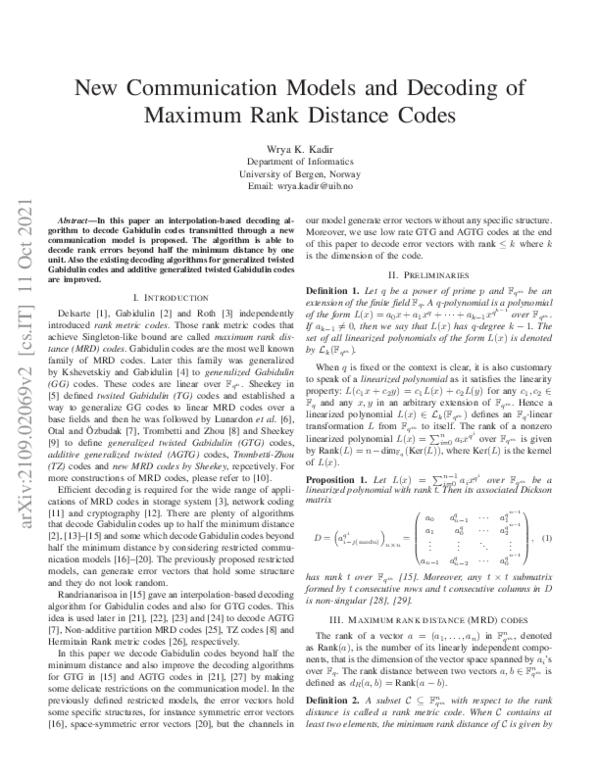 (PDF) New Communication Models and Decoding of Maximum Rank Distance Codes