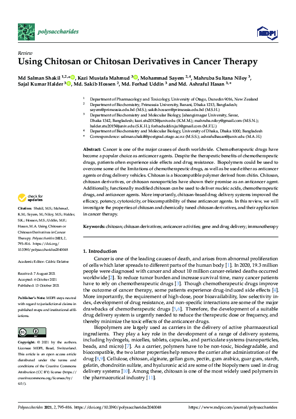 (PDF) Using Chitosan or Chitosan Derivatives in Cancer Therapy