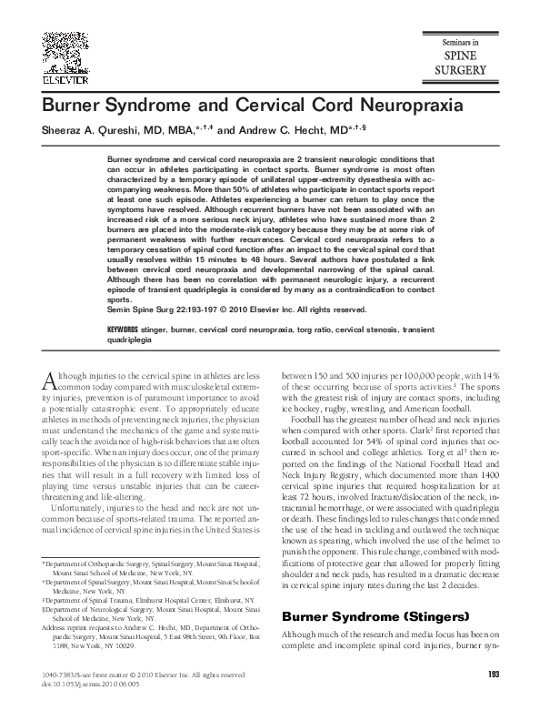 (PDF) Burner Syndrome and Cervical Cord Neuropraxia Andrew Hecht