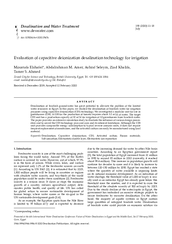 (PDF) Evaluation of capacitive deionization desalination technology for ...