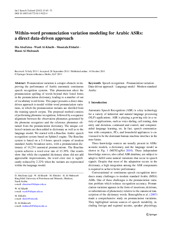 (PDF) Within-word pronunciation variation modeling for Arabic ASRs: a ...