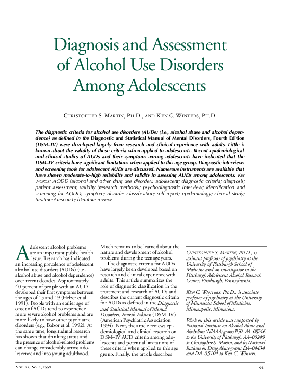(PDF) Diagnosis and assessment of alcohol use disorders among adolescents