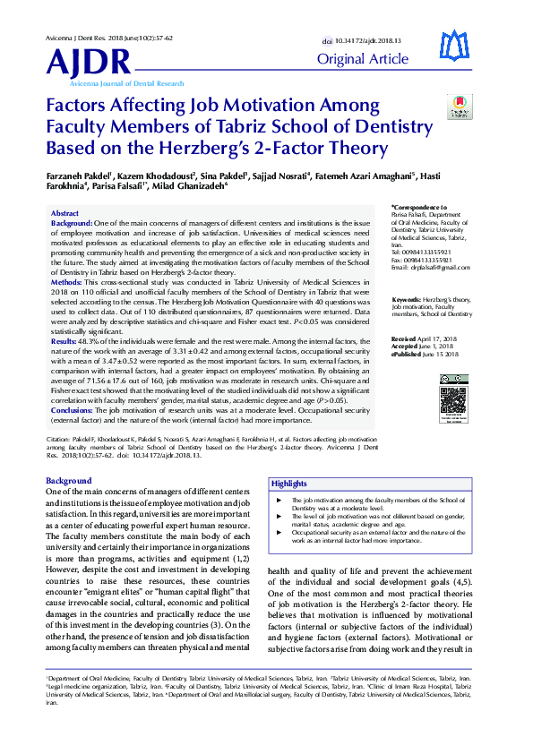 (PDF) Factors Affecting Job Motivation Among Faculty Members of Tabriz ...