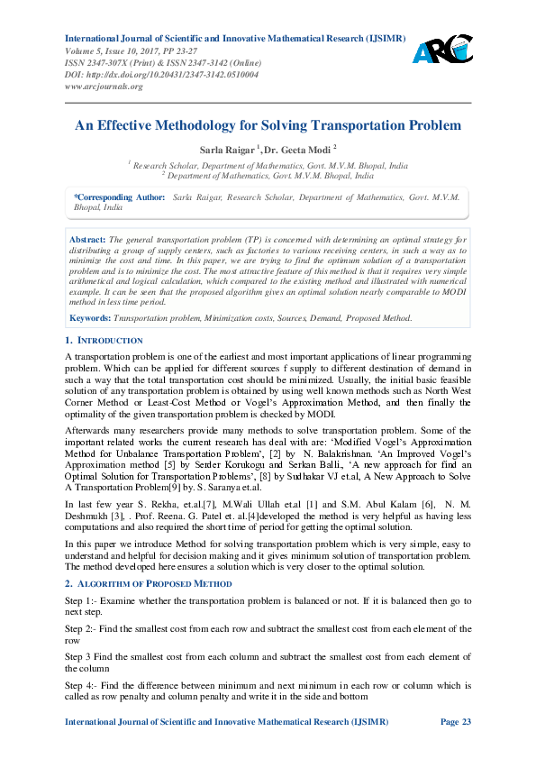 (PDF) An Effective Methodology for Solving Transportation Problem