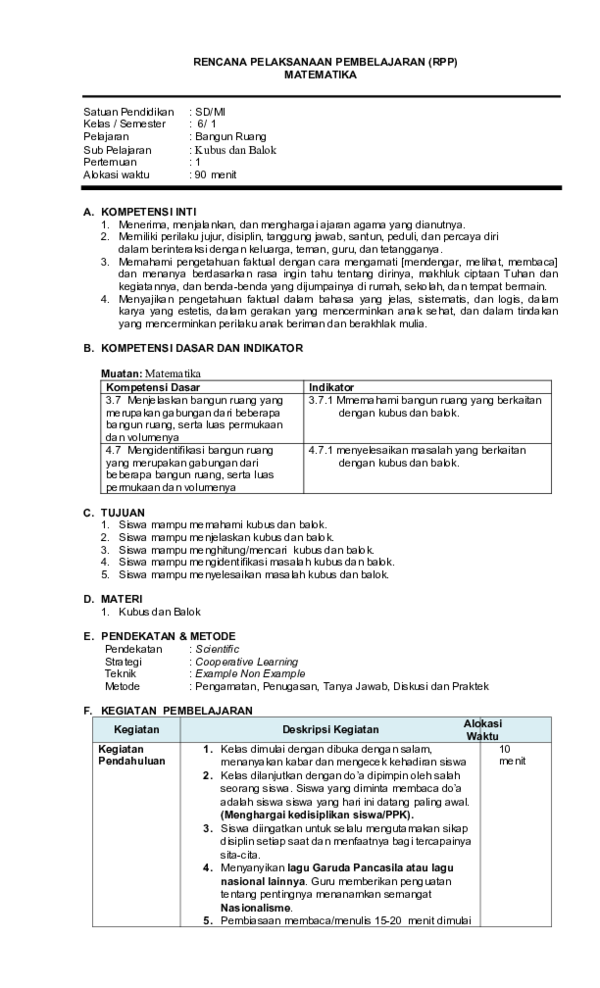 (DOC) RENCANA PELAKSANAAN PEMBELAJARAN (RPP) MATEMATIKA