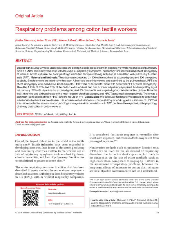 (PDF) Respiratory problems among cotton textile workers