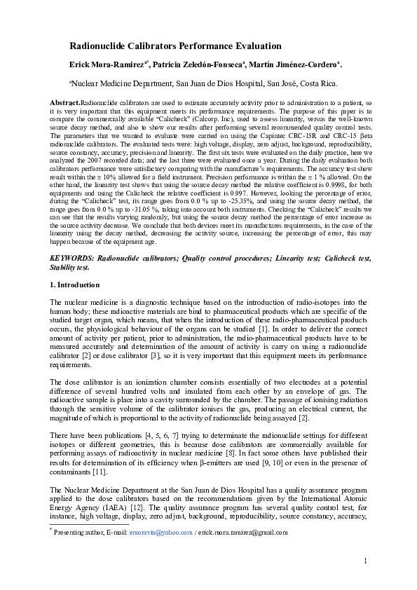 (PDF) Radionuclide Calibrators Performance Evaluation