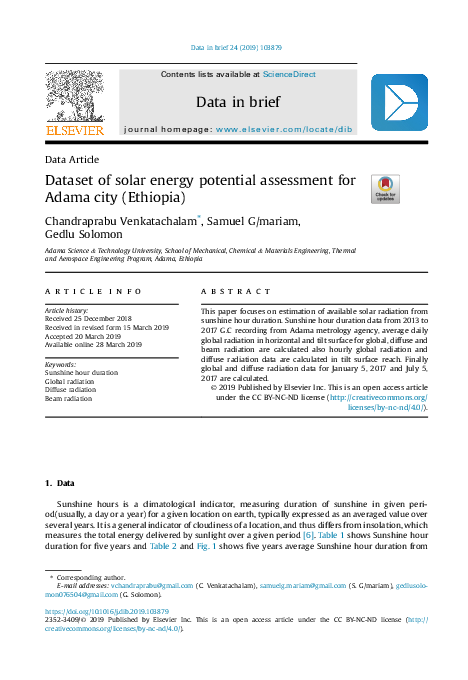 (PDF) Dataset of solar energy potential assessment for Adama city ...