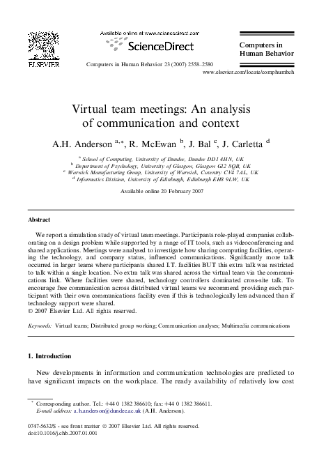 (PDF) Virtual team meetings: An analysis of communication and context