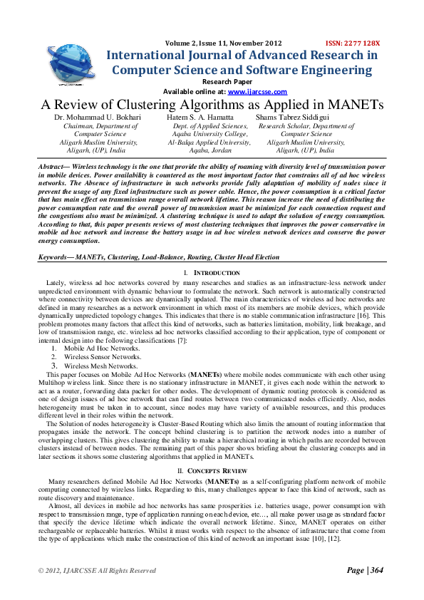 (PDF) A Review of Clustering Algorithms as Applied in MANETs