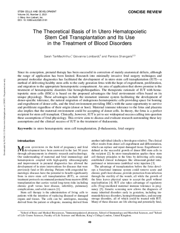 (PDF) The Theoretical Basis of In Utero Hematopoietic Stem Cell ...