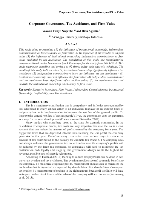 (PDF) Corporate Governance, Tax Avoidance, and Firm Value
